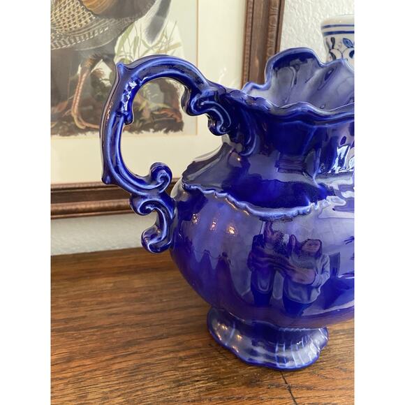Vintage 1970s Hand Painted Victorian Style Cobalt Blue Ironstone Pitcher - Picture 3 of 6